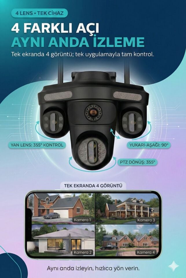 Güneş Enerjili Sim Kartlı Kamera - 4 Kameralı - 600GB TURK TELEKOM Hat Dahil + 2 Solar Panelli