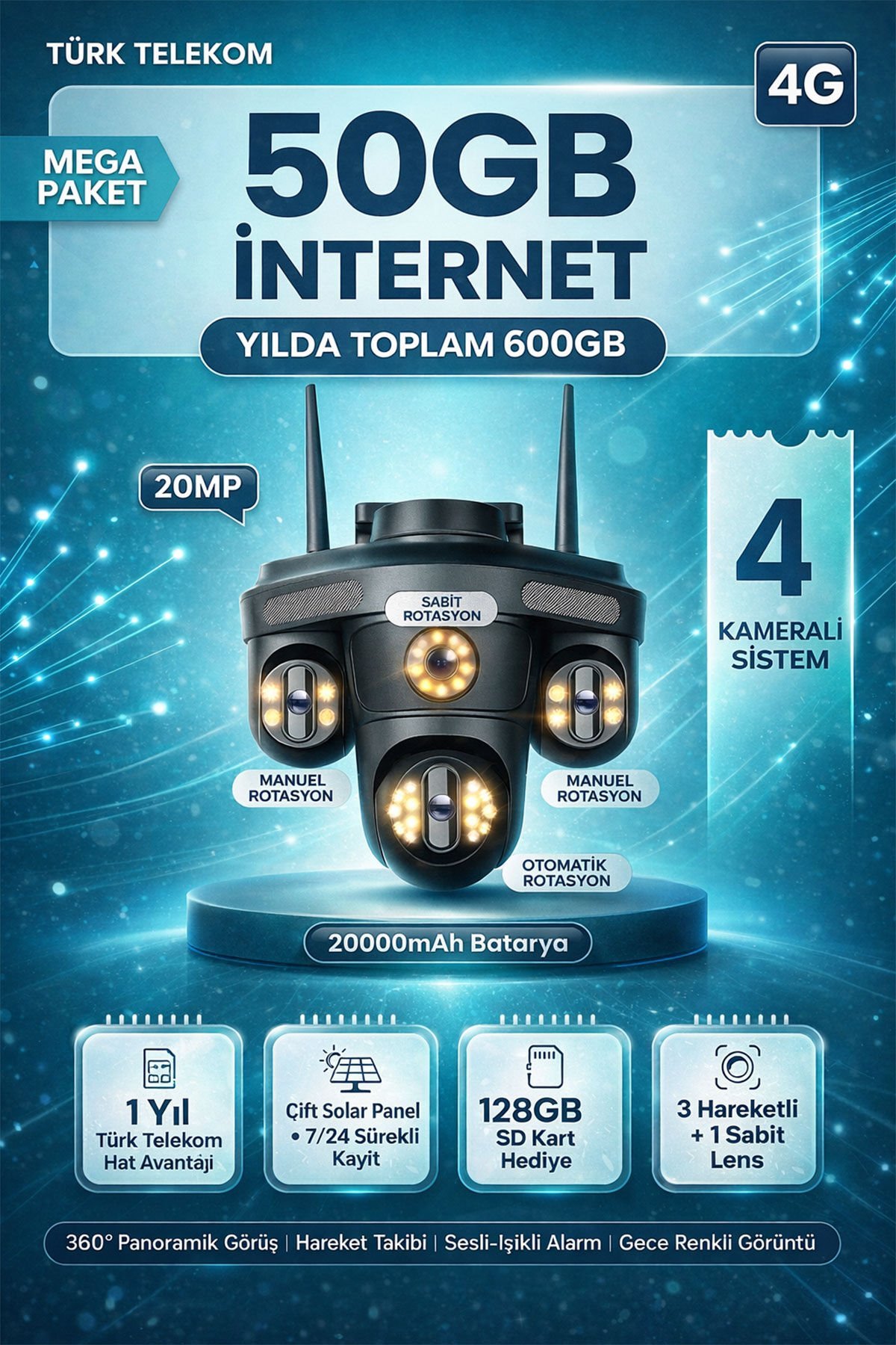 Güneş Enerjili Sim Kartlı Kamera - 4 Kameralı - 600GB TURK TELEKOM Hat Dahil + 2 Solar Panelli