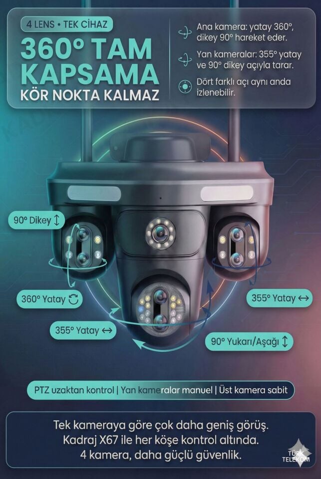 4G Sim Kartlı Kamera - Güneş Enerjili 4 Kameralı  - 1200GB TURK TELEKOM Hat Dahil + 2 Solar Panelli