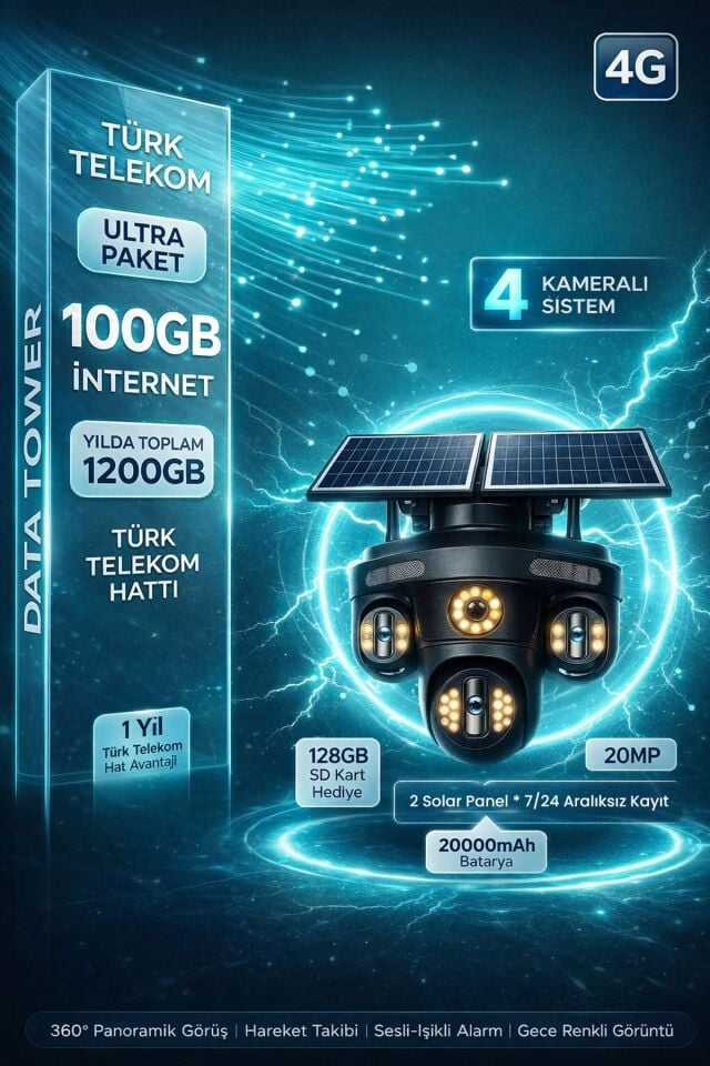 4G Sim Kartlı Kamera - Güneş Enerjili 4 Kameralı  - 1200GB TURK TELEKOM Hat Dahil + 2 Solar Panelli