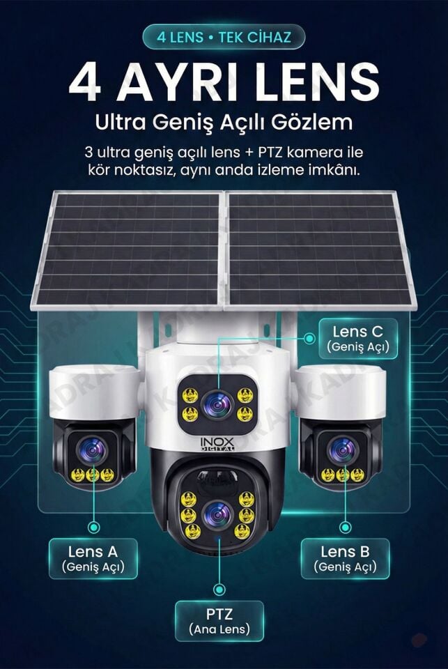Sim Kartlı, 4 Kameralı , Güneş Enerjili, Solar Panelli Kamera, 180GB TURKCELL Yıllık Hat, 128GB SD