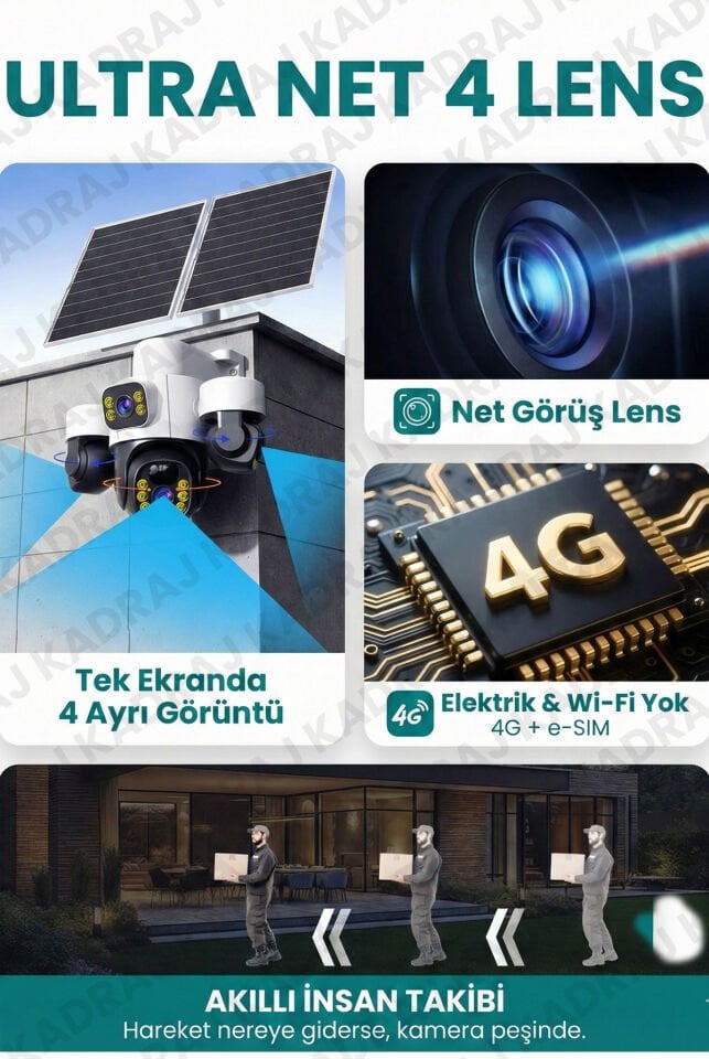 Sim Kartlı, 4 Kameralı , Güneş Enerjili, Solar Panelli Kamera, 180GB TURKCELL Yıllık Hat, 128GB SD
