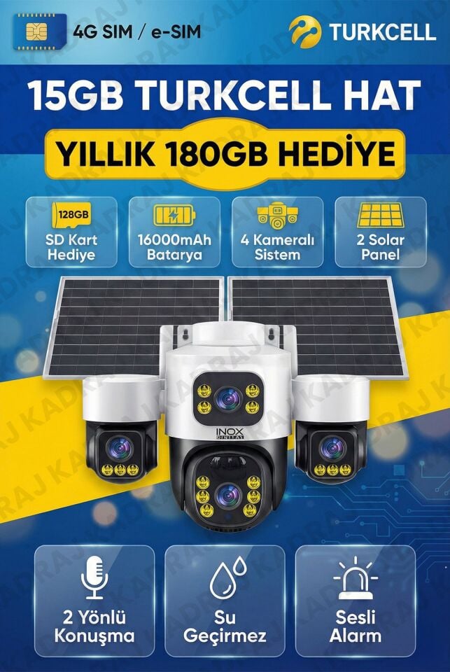Sim Kartlı, 4 Kameralı , Güneş Enerjili, Solar Panelli Kamera, 180GB TURKCELL Yıllık Hat, 128GB SD