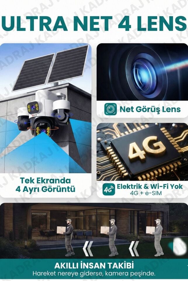 Sim Kartlı, 4 Kameralı , Güneş Enerjili, Solar Panelli Kamera, 180GB TURKCELL Yıllık Hat, 128GB SD