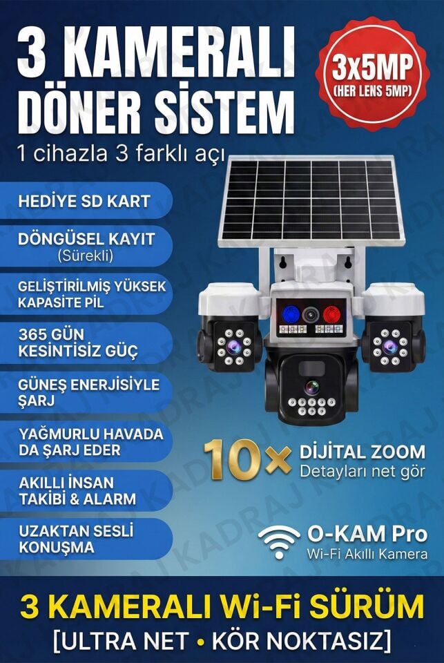 Solar Panelli + WIFI Kamera, Dahili Batarya , 3 LENS, Polis Çakarı, Sesli Alarm, 2 Yönlü Konuşma,
