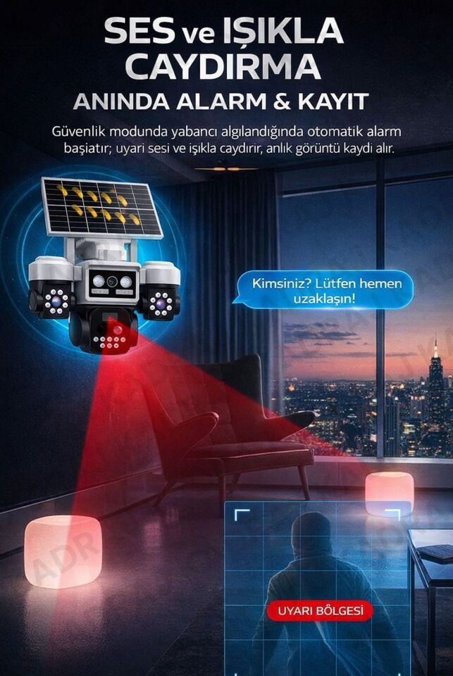 Solar Panelli + WIFI Kamera, Dahili Batarya , 3 LENS, Polis Çakarı, Sesli Alarm, 2 Yönlü Konuşma,