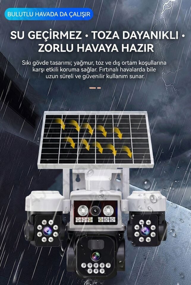 Solar Panelli + WIFI Kamera, Dahili Batarya , 3 LENS, Polis Çakarı, Sesli Alarm, 2 Yönlü Konuşma,