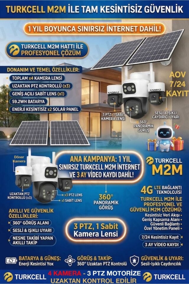 3 Kamera Hareketli 4G Kamera, 4 Kameralı, 2 Solar Panelli, 59wh Yüksek Batarya, Alarm , İnsan Algıla