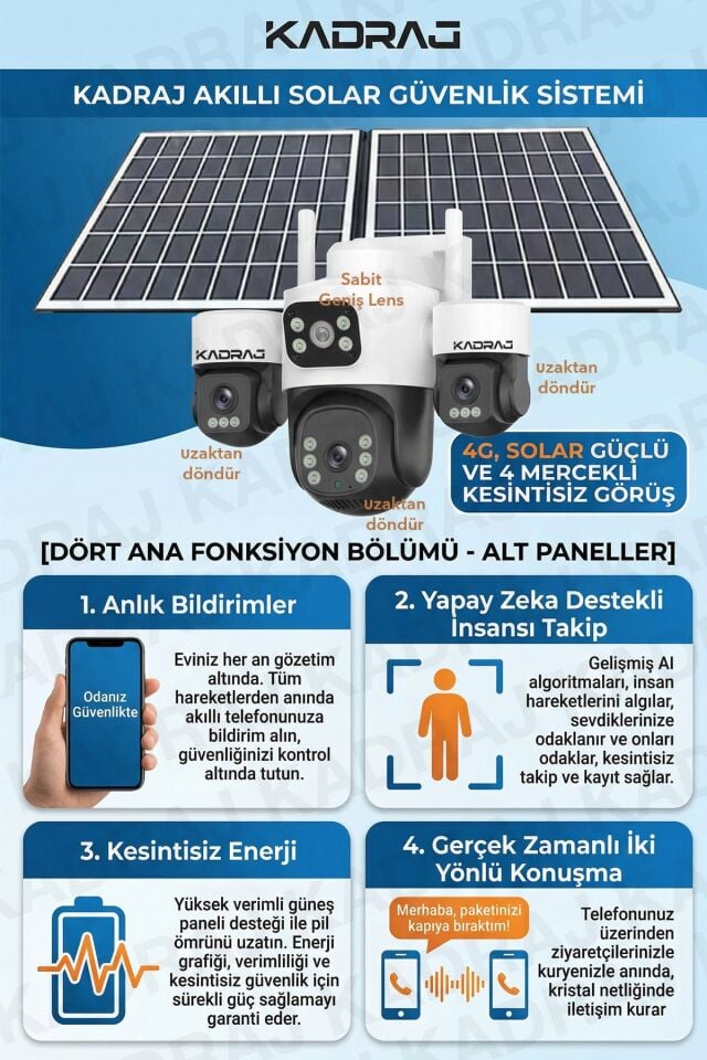 3 Kamera Hareketli 4G Kamera, 4 Kameralı, 2 Solar Panelli, 59wh Yüksek Batarya, Alarm , İnsan Algıla