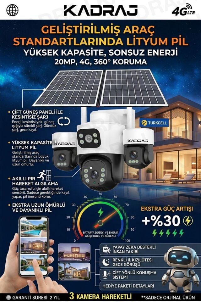 3 Kamera Hareketli 4G Kamera, 4 Kameralı, 2 Solar Panelli, 59wh Yüksek Batarya, Alarm , İnsan Algıla