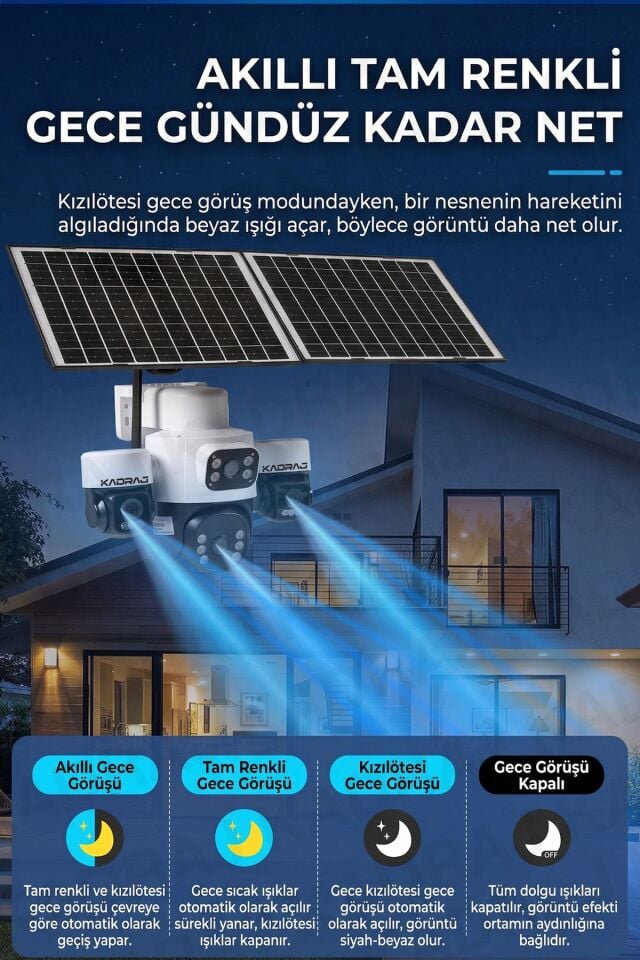 3 Kamera Hareketli 4G Kamera, 4 Kameralı, 2 Solar Panelli, 59wh Yüksek Batarya, Alarm , İnsan Algıla