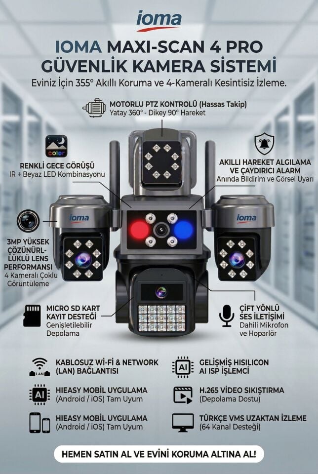 4 Kameralı Wifi - MAXI Scan Pro  - Çakarlı - 64 Kanal VMS Kablosuz Kamera