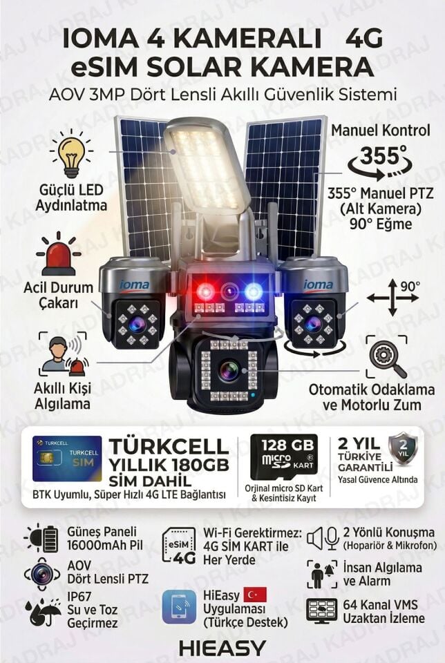 4 Kameralı Sim Kartlı Kamera, 2 Solar Panelli, PTZ aydınlatmalı, 2 Yönlü Konuşma, Çakar