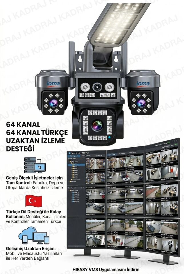 4 Kameralı Sim Kartlı Kamera, 2 Solar Panelli, PTZ aydınlatmalı, 2 Yönlü Konuşma, Çakar