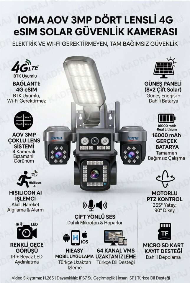 4 Kameralı Sim Kartlı Kamera, 2 Solar Panelli, PTZ aydınlatmalı, 2 Yönlü Konuşma, Çakar