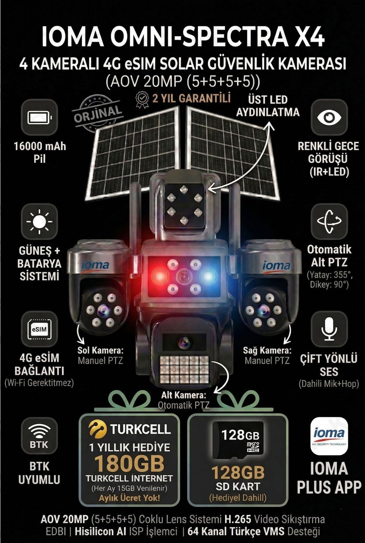 4 Kameralı, 4G Sim Kartlı, Yıllık 180GB Turkcell İnternet ve 128GB SD Kart Dahil, Çakarlı, Sirenli