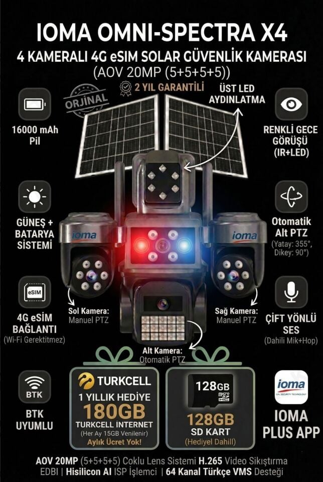 4 Kameralı, 4G Sim Kartlı, Yıllık 180GB Turkcell İnternet ve 128GB SD Kart Dahil, Çakarlı, Sirenli
