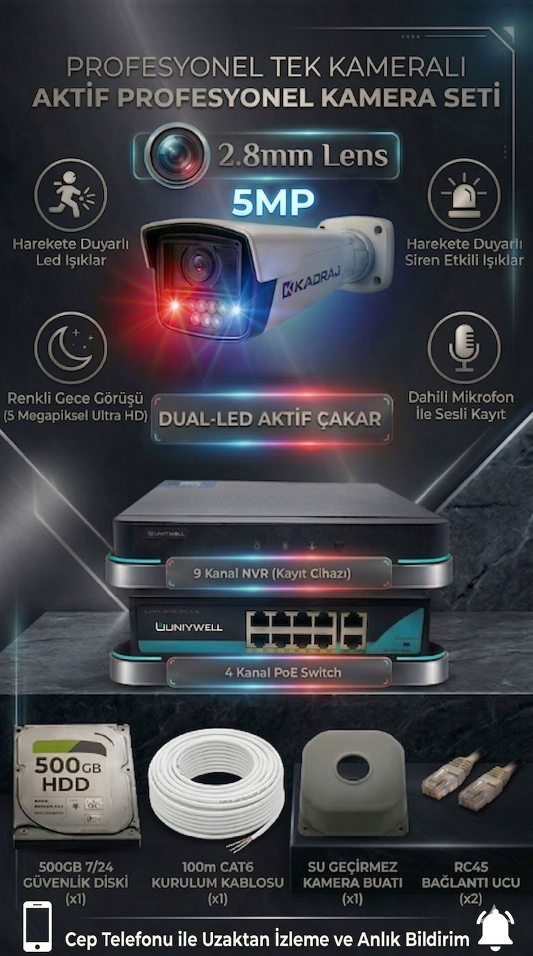 1 Kameralı DUAL Led IP Kamera Seti - Çakarlı Renkli Harekete Duyarlı (Bildirim, Aydınlatma, Çakar)