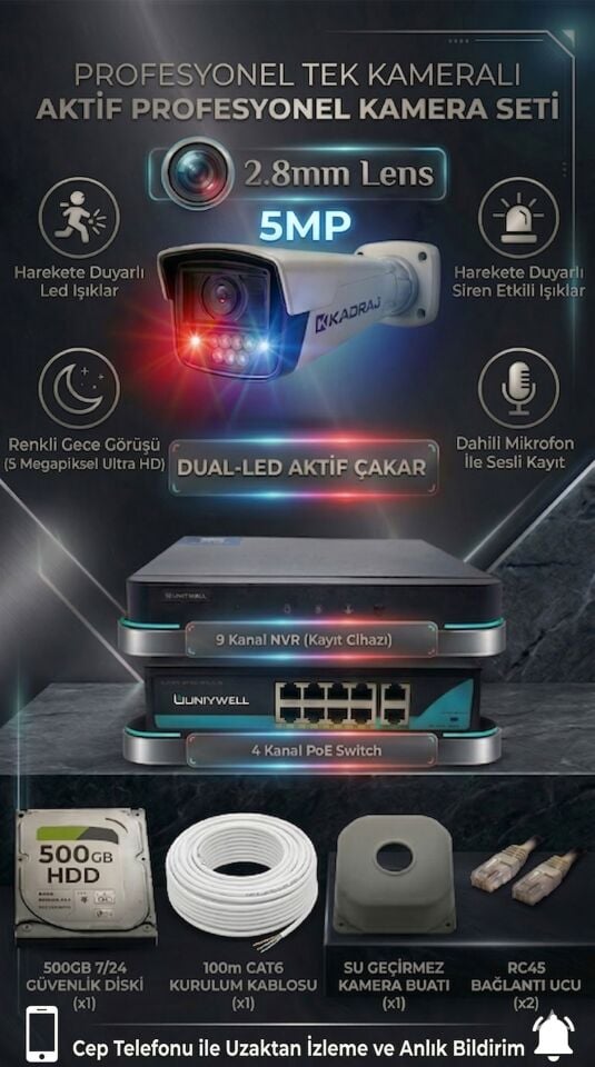 1 Kameralı DUAL Led IP Kamera Seti - Çakarlı Renkli Harekete Duyarlı (Bildirim, Aydınlatma, Çakar)