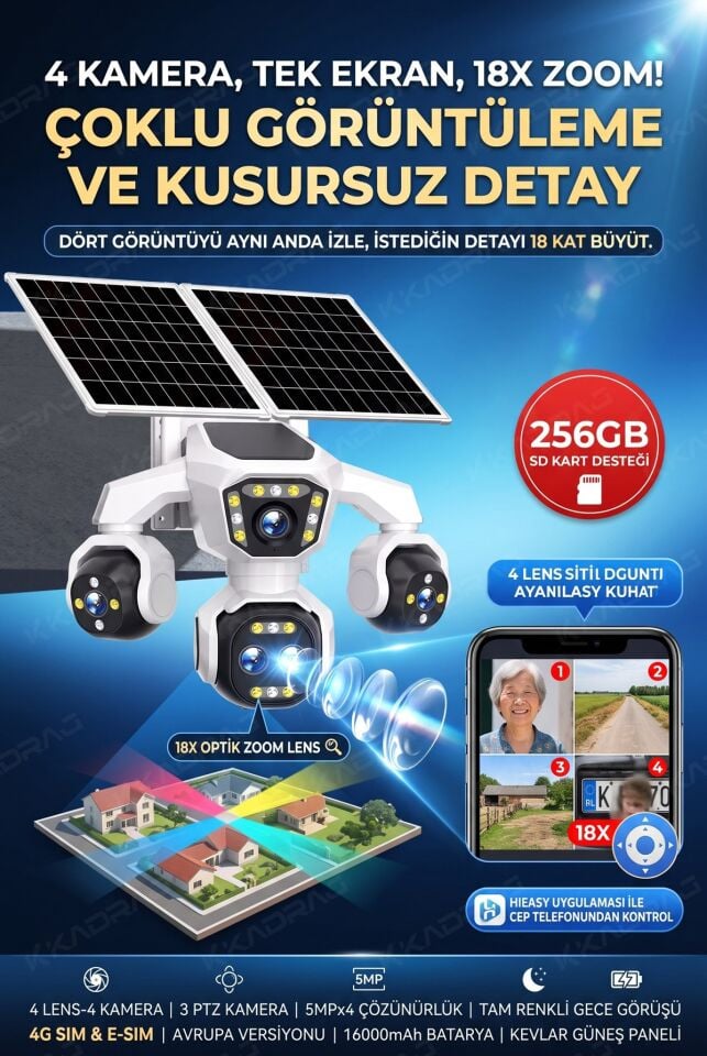 4 Kameralı 4G/E-SIM Destekli 18X Optik Zoom PTZ Güneş Enerjili Profesyonel Dış Mekân Güvenlik Kamerası