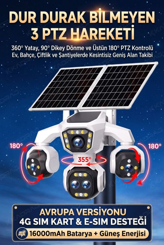 4 Kameralı 4G/E-SIM Destekli 18X Optik Zoom PTZ Güneş Enerjili Profesyonel Dış Mekân Güvenlik Kamerası
