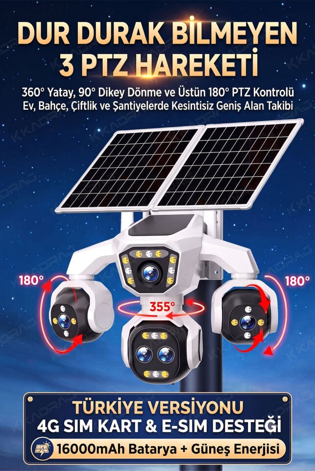4 Kameralı 4G/E-SIM Destekli 18X Optik Zoom PTZ Güneş Enerjili Profesyonel Dış Mekân Güvenlik Kamerası