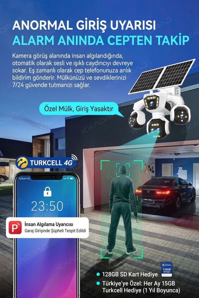5 Kameralı 4G/E-SIM Destekli 18X Zoom PTZ Güneş Enerjili Profesyonel Dış Mekân Güvenlik Kamerası