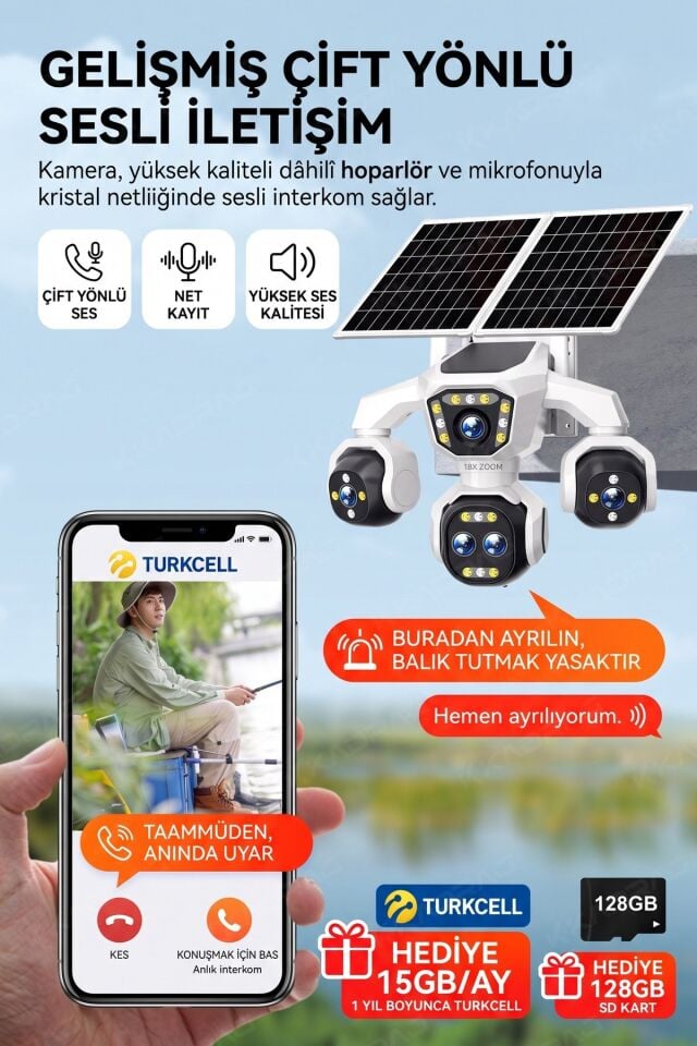 5 Kameralı 4G/E-SIM Destekli 18X Zoom PTZ Güneş Enerjili Profesyonel Dış Mekân Güvenlik Kamerası