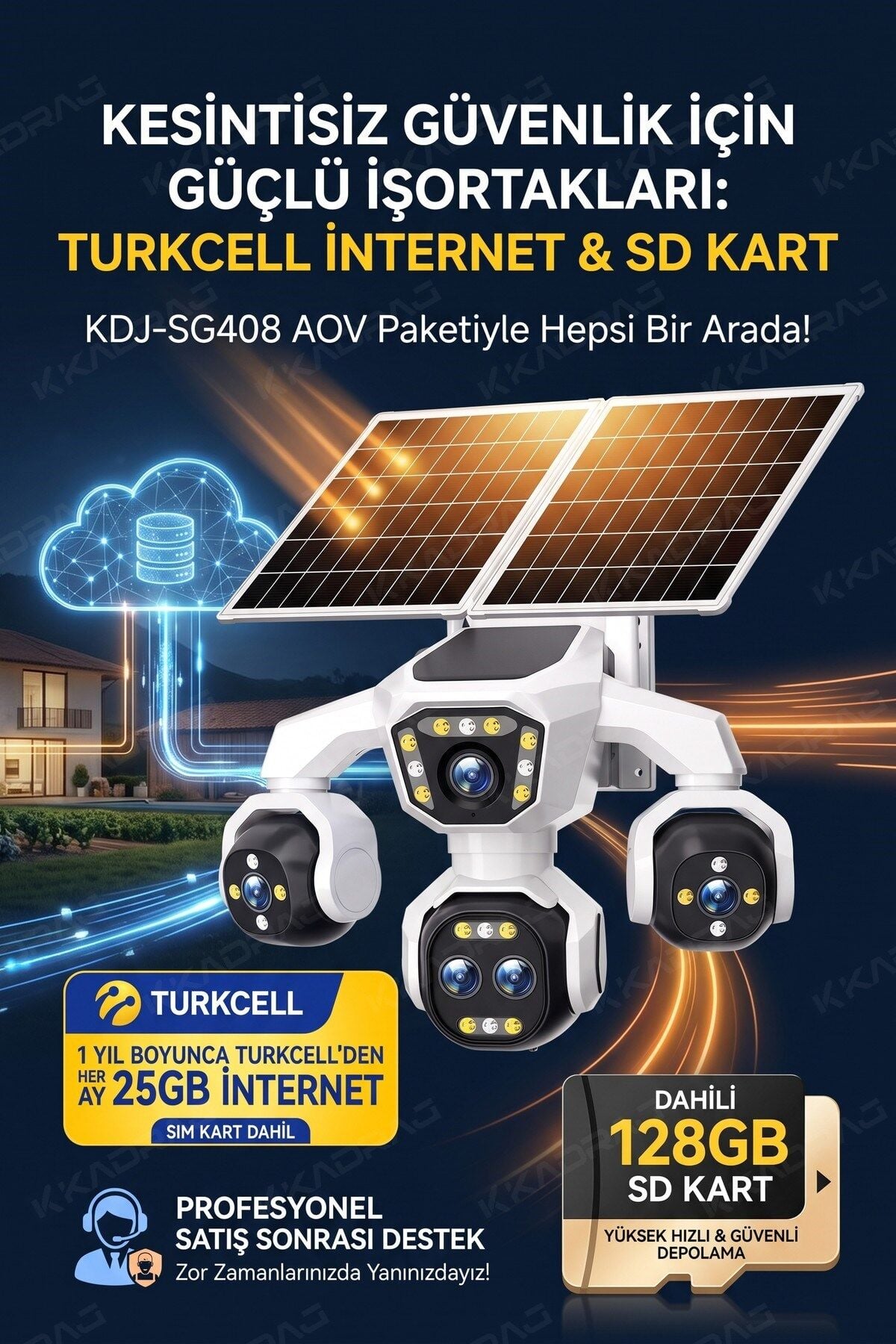 5 Kameralı 4G/E-SIM Destekli 18X Zoom PTZ Güneş Enerjili Profesyonel Dış Mekân Güvenlik Kamerası25GB
