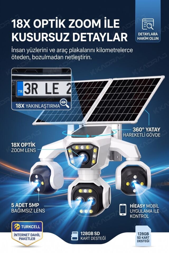 5 Kameralı 4G/E-SIM Destekli 18X Zoom PTZ Güneş Enerjili Profesyonel Dış Mekân Güvenlik Kamerası25GB