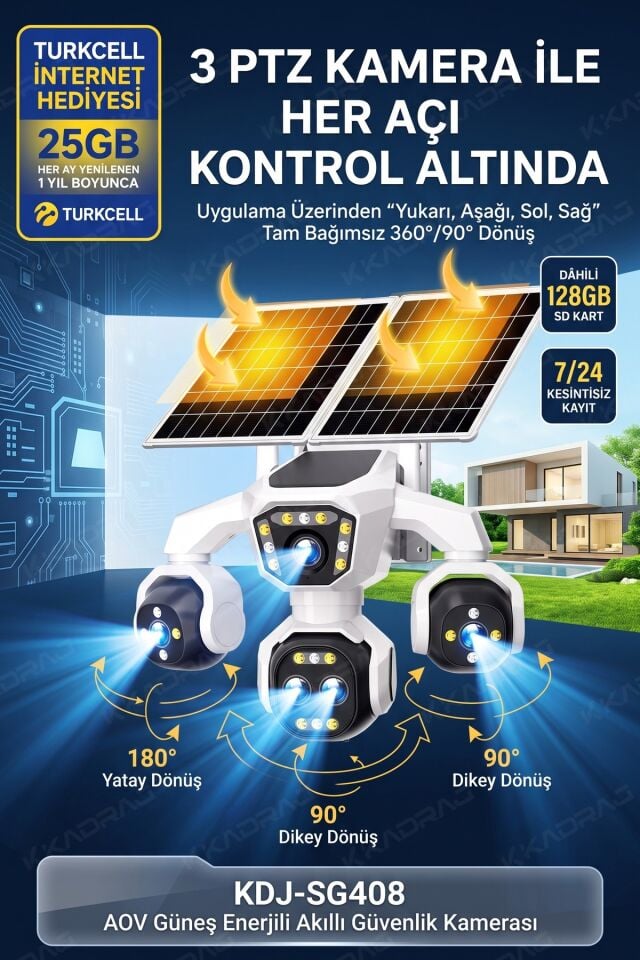 5 Kameralı 4G/E-SIM Destekli 18X Zoom PTZ Güneş Enerjili Profesyonel Dış Mekân Güvenlik Kamerası25GB