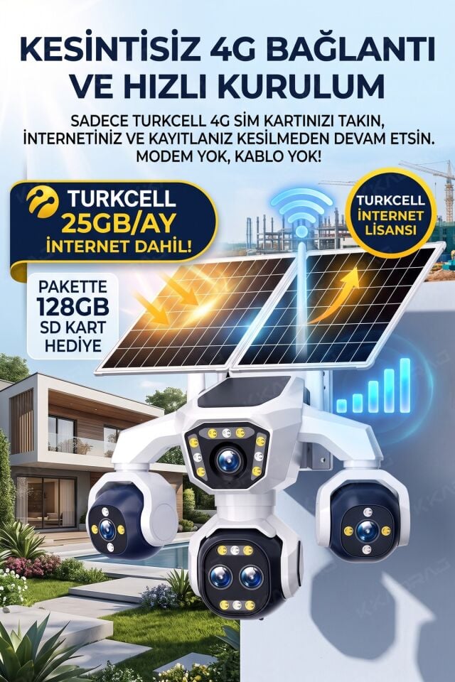 5 Kameralı 4G/E-SIM Destekli 18X Zoom PTZ Güneş Enerjili Profesyonel Dış Mekân Güvenlik Kamerası25GB