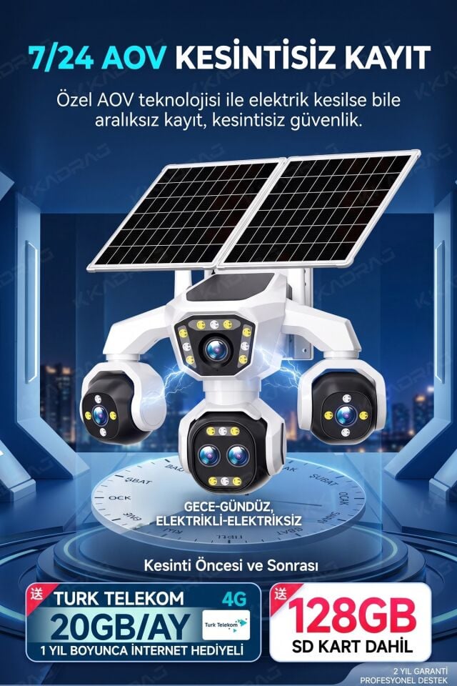 5 Kameralı 4G/E-SIM Destekli 18X Zoom Solar Panelli Profesyonel Dış Mekân Güvenlik Kamerası 20TT