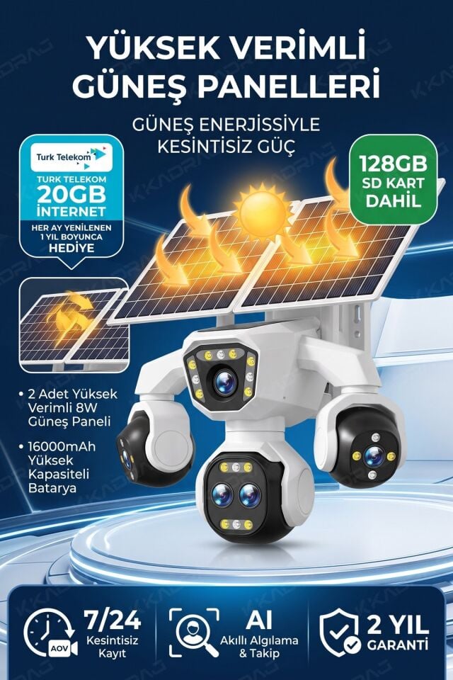 5 Kameralı 4G/E-SIM Destekli 18X Zoom Solar Panelli Profesyonel Dış Mekân Güvenlik Kamerası 20TT