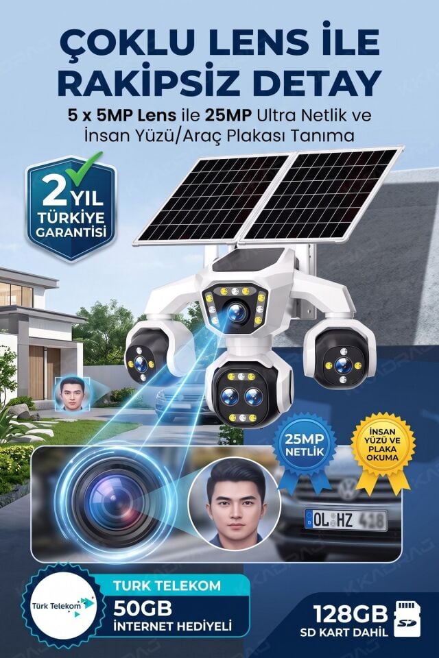 5 Kameralı Güneş Enerjili Kamera 18X Zoom Solar Panelli Profesyonel Dış Mekân Güvenlik Kamerası 50TT
