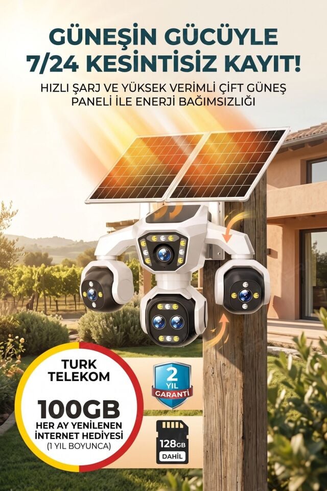 5 Kameralı Güneş Enerjili 18X Optik Zoom Solar Panelli Profesyonel Dış Mekân Güvenlik Kamerası 100TT