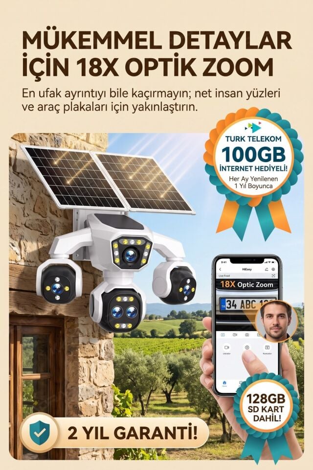 5 Kameralı Güneş Enerjili 18X Optik Zoom Solar Panelli Profesyonel Dış Mekân Güvenlik Kamerası 100TT