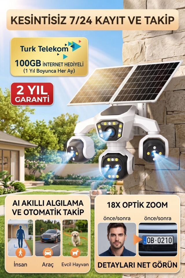 5 Kameralı Güneş Enerjili 18X Optik Zoom Solar Panelli Profesyonel Dış Mekân Güvenlik Kamerası 100TT