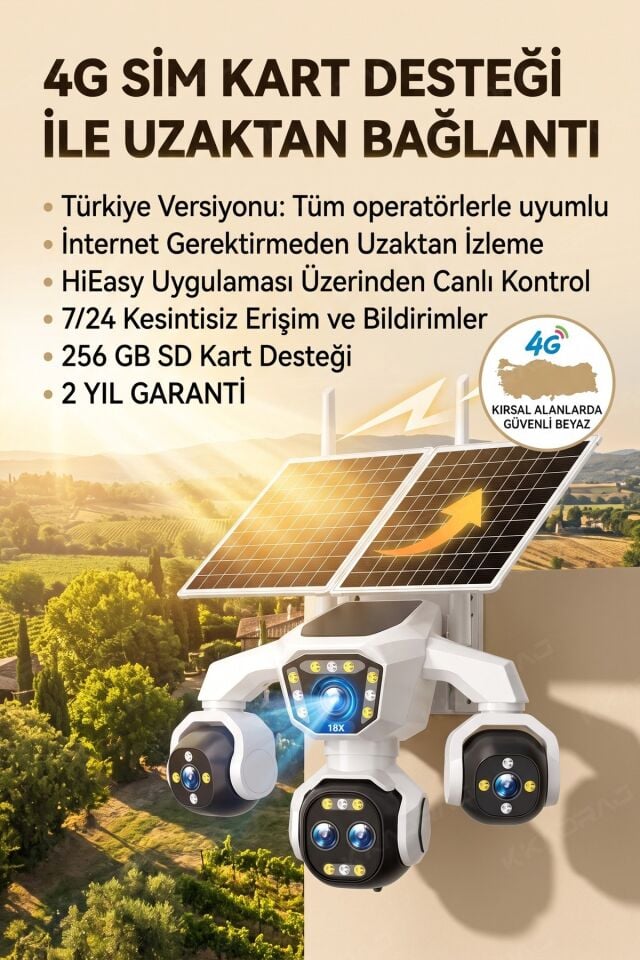 5 Kameralı Sim Kartlı 18X Zoom PTZ Güneş Enerjili Profesyonel Dış Mekân Güvenlik Kamerası -Tek