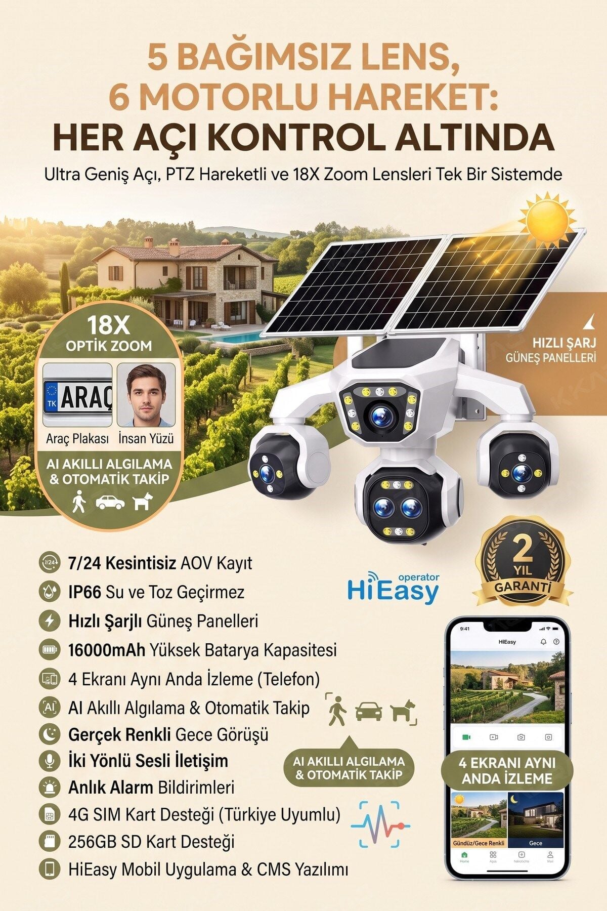 5 Kameralı Sim Kartlı 18X Zoom PTZ Güneş Enerjili Profesyonel Dış Mekân Güvenlik Kamerası -Tek