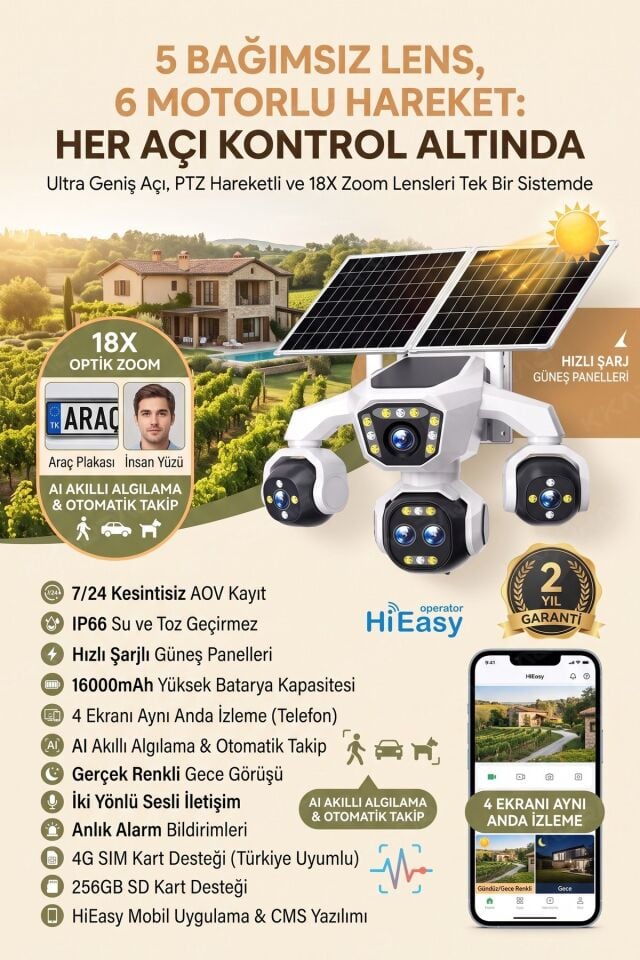 5 Kameralı Sim Kartlı 18X Zoom PTZ Güneş Enerjili Profesyonel Dış Mekân Güvenlik Kamerası -Tek