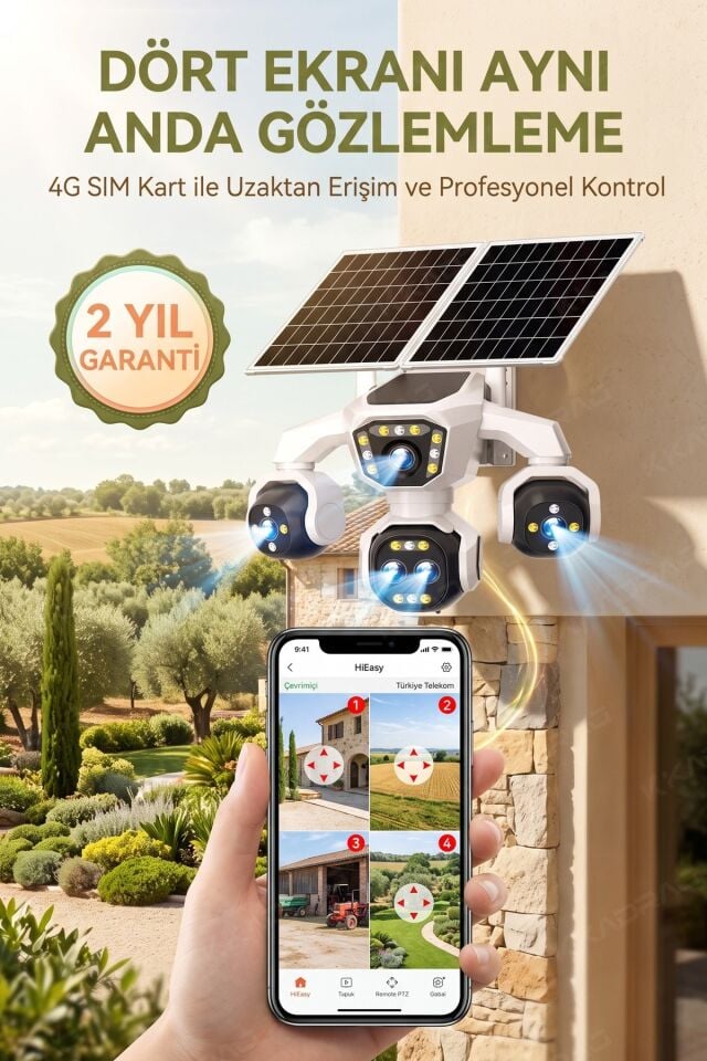 5 Kameralı Sim Kartlı 18X Zoom PTZ Güneş Enerjili Profesyonel Dış Mekân Güvenlik Kamerası -Tek