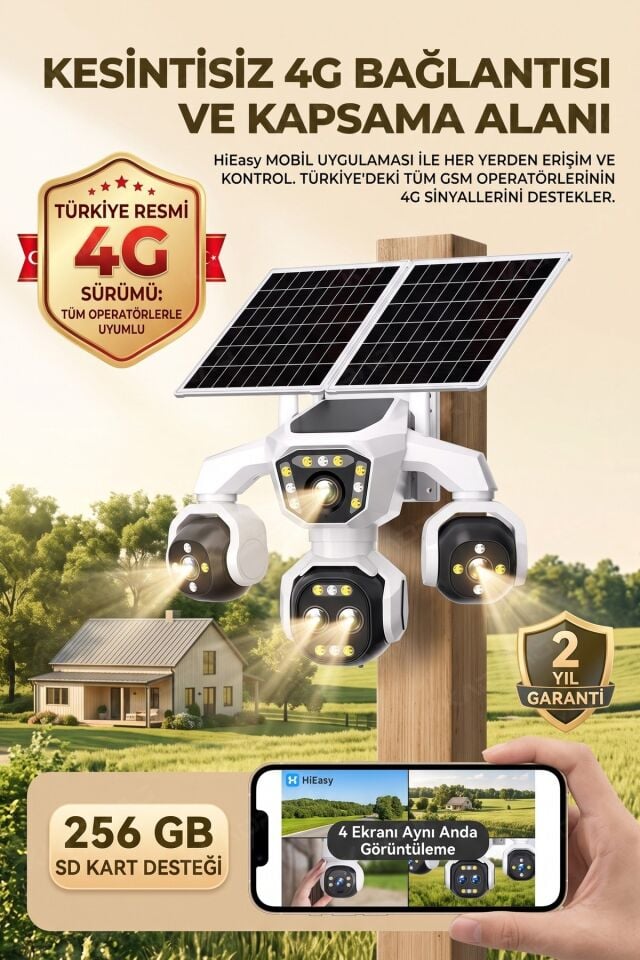 5 Kameralı Sim Kartlı 18X Zoom PTZ Güneş Enerjili Profesyonel Dış Mekân Güvenlik Kamerası -Tek
