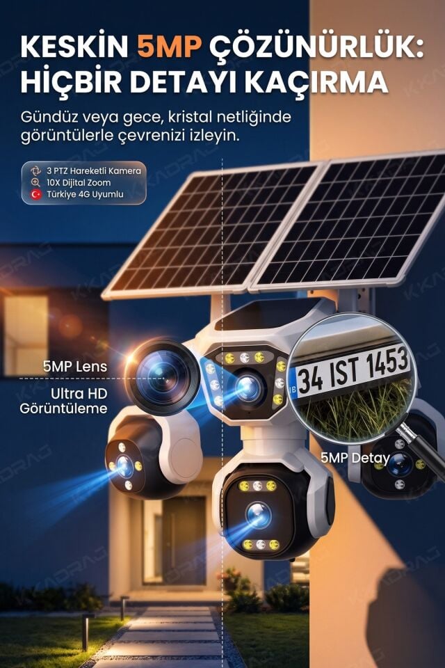 4 Kameralı - 2 Solar Panelli + Yeni Nesil + E- Sim Destekli + 20MP Güvenlik Kamerası  Yapay Zeka Tek