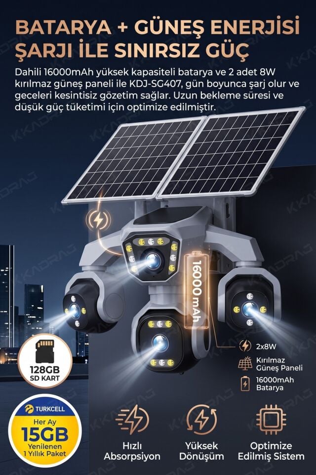 4 Kameralı - Güneş Enerjili + 16000 Mah. + E- Sim Destekli + 20MP Güvenlik Kamerası  Yapay Zeka Tek