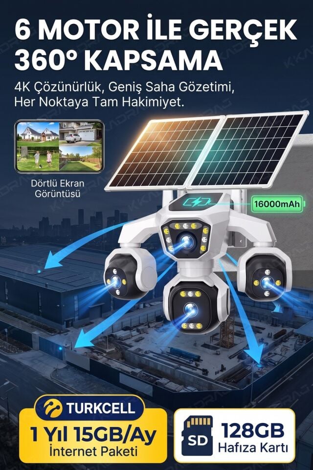 4 Kameralı - Güneş Enerjili + 16000 Mah. + E- Sim Destekli + 20MP Güvenlik Kamerası  Yapay Zeka Tek