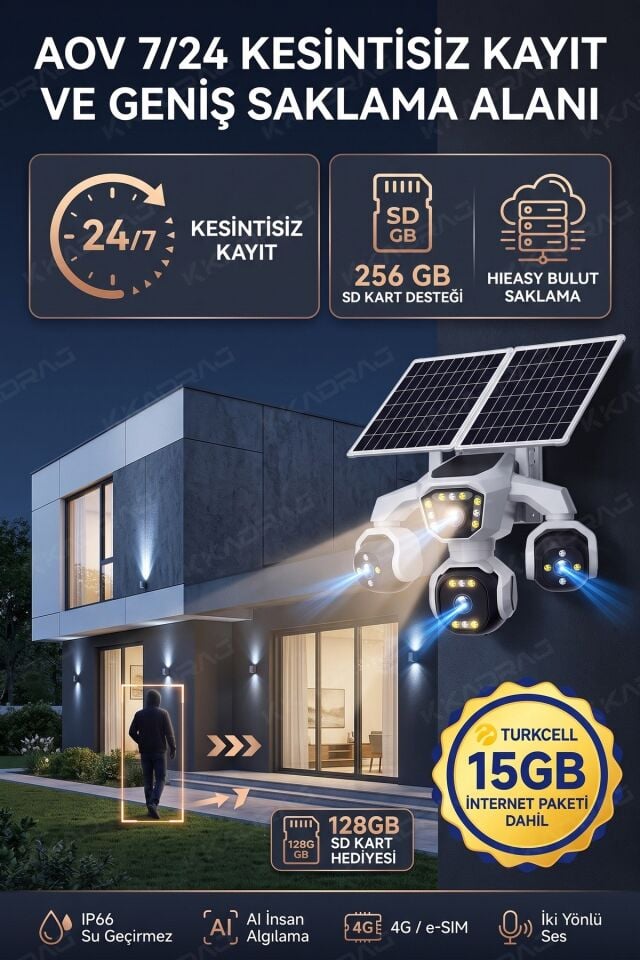 4 Kameralı - Güneş Enerjili + 16000 Mah. + E- Sim Destekli + 20MP Güvenlik Kamerası  Yapay Zeka Tek