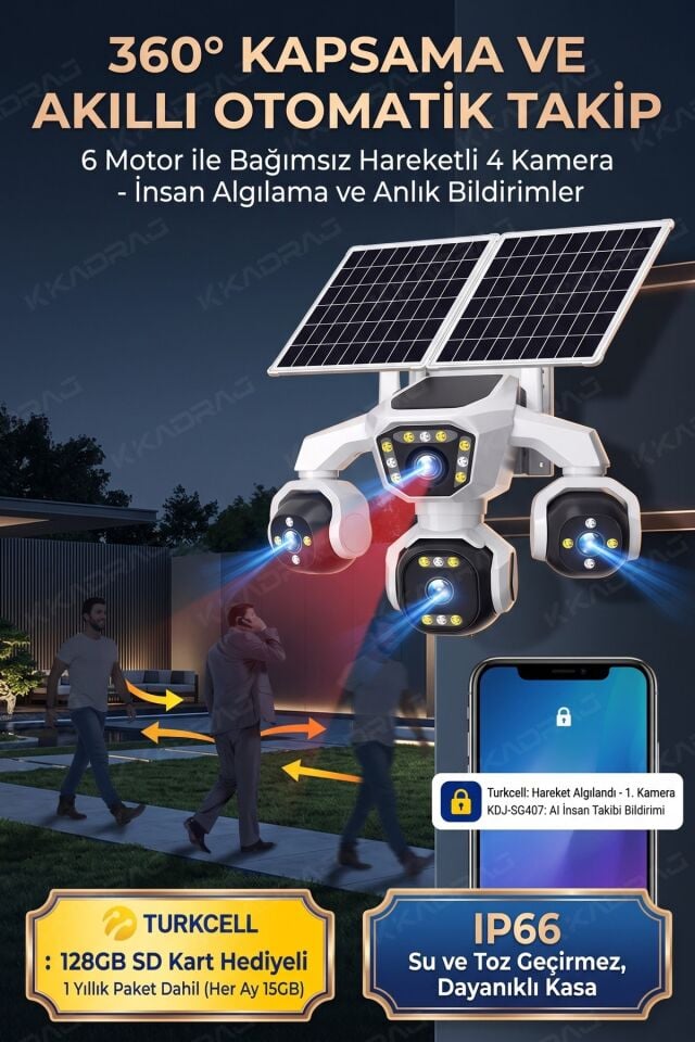 4 Kameralı - Güneş Enerjili + 16000 Mah. + E- Sim Destekli + 20MP Güvenlik Kamerası  Yapay Zeka Tek