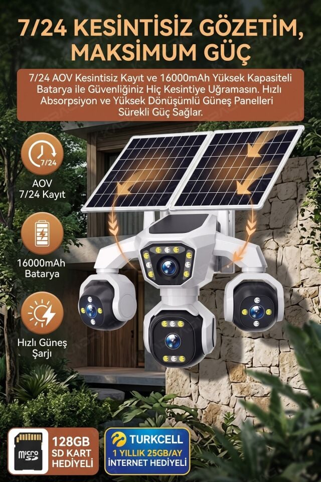 4 Kameralı - Solar Panelli  16000 Mah.  Turkcell Yıllık Hat   20MP Güvenlik Kamerası  YapayZeka Tc25