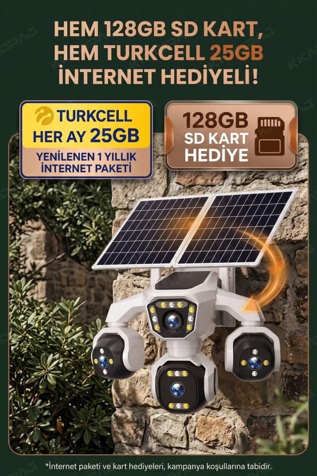 4 Kameralı - Solar Panelli  16000 Mah.  Turkcell Yıllık Hat   20MP Güvenlik Kamerası  YapayZeka Tc25